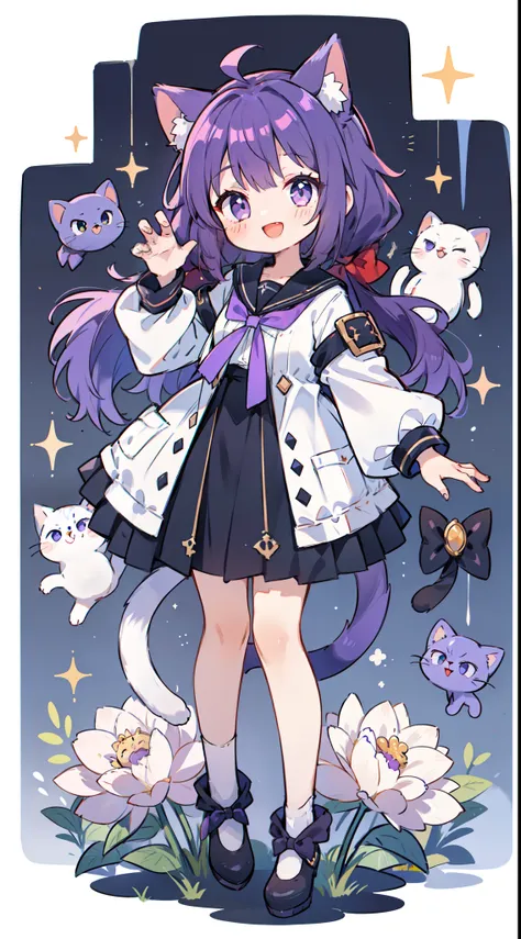 1 girl in、((full body esbian、standing picture:1.2)), top-quality、masutepiece、purple hair, longhaire, ((two knots)), cat's ears、b...