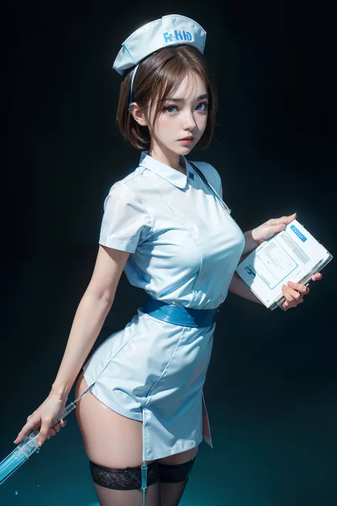 A hyper-realistic、hight resolution、1. Slender girl, flat-chest, ((Pure White Nurse Uniform:1.2)), Nurse Cap, (Brown bob hair), with clipboard, A smile, A staff, Cinematographic lighting, (8K, ​masterpiece, Top image quality, Raw photo), action,((1 fairly t...