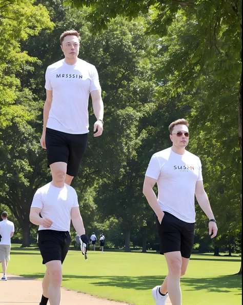 elon musk is wearing a shorts walking in the park