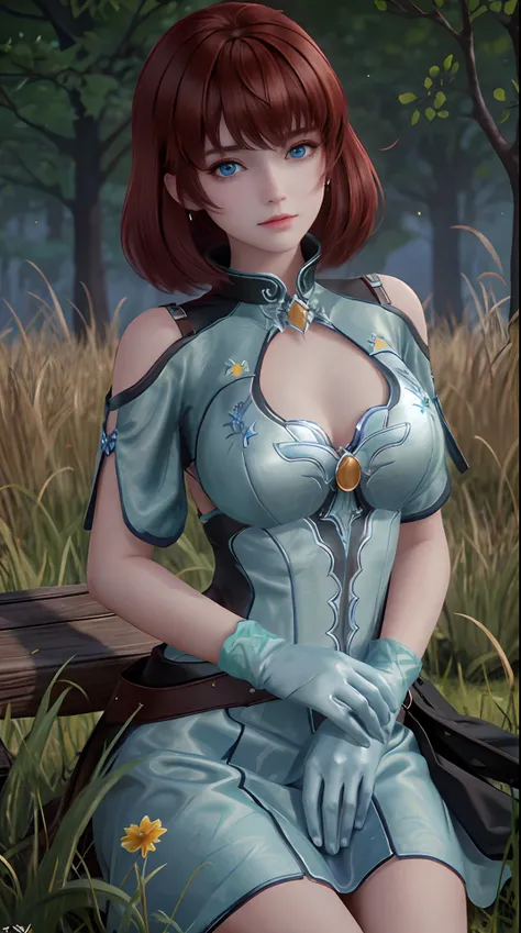 Ultra HD, 8K quality, A girl, full bodyesbian，brown  hair，blue color eyes， Green blurred dress, Detailed eyes, Frontal capture,cowboy lens， Unreal Engine 5,Sit in the grass