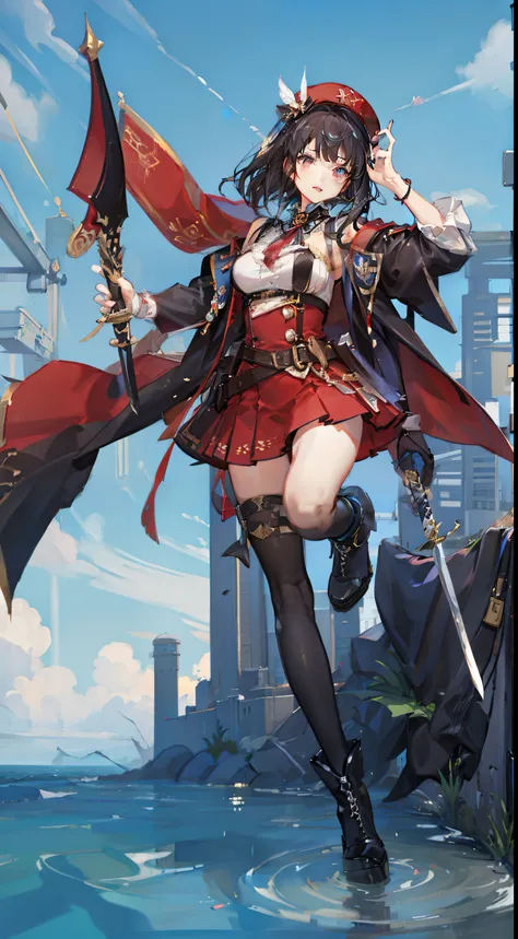 Ruffled uniforms、Hot pants under the skirt、odd eye、A dark-haired、boots、Im carrying a great sword on my back、Hats