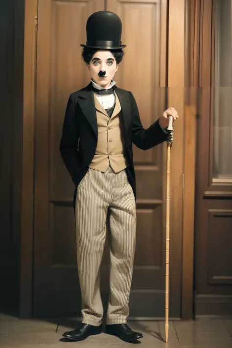 tmasterpiece，highest quality，charlie chaplin，man in top hat and suit，he has a cane in his right hand，photorealestic，cinematic qu...