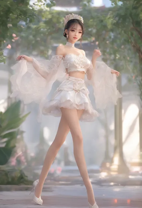 A woman wearing a thin white lace skinny Chinese dresses，Very sexy shoulders and collarbone，Puff breasts， The bottom is a cute miniskirt in taupe，There are also golden metal chains on it，There is a feeling of SM，The legs are beautiful, Super miniskirt, The...