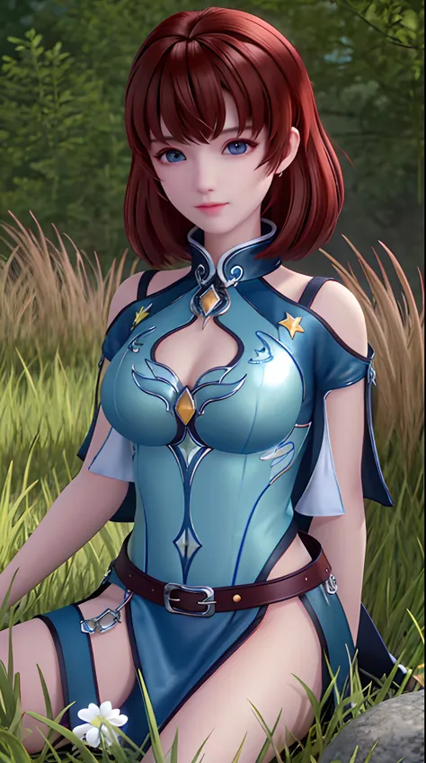 Ultra HD, 8K quality, A girl, full bodyesbian，brown  hair，blue color eyes， Green blurred dress, Detailed eyes, Frontal capture,cowboy lens， Unreal Engine 5,Sit on grass