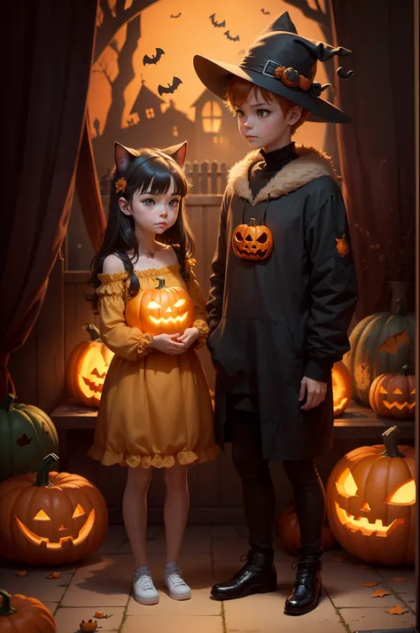 there is a cat and a cat are standing next to a pumpkin, adorable digital painting, cute digital art, halloween art style, cute detailed digital art, pumpkins, cute artwork, by Goro Fujita, by Galen Dara, by Aleksandr Gerasimov, beautiful digital artwork, ...