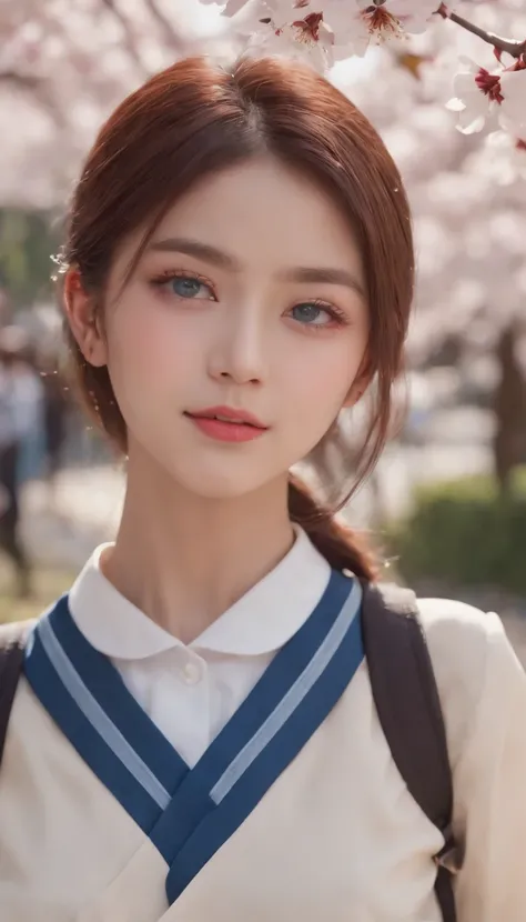 (Masterpiece, photo-realistic:1.4), (Close-up shot:1.3), (Japanese high school student:1.3), (Go home at sunset:1.3), (Blue and white school uniform:1.4), (undercut hairstyle:1.3), (Bright two-color eyes:1.4), (Backpack on the shoulder:1.2), (Walk through ...