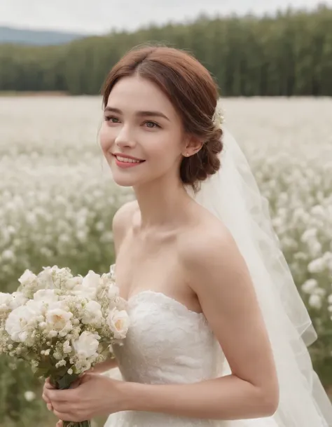 1girl in, white wedding dress, Bare shoulders, blooming flower field, lightsmile