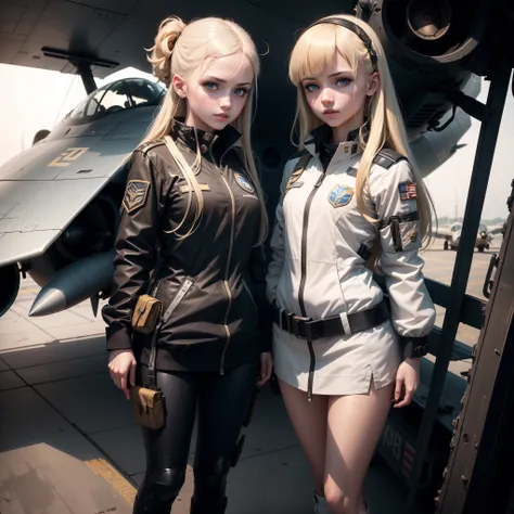 Two Ukrainian girls boarding a fighter plane , Background is the deck of an aircraft carrier and a fighter aircraft,Ukrainian anime girls , , Ukraine ,  Full body composition of young girl with messy bright blonde hair, eye make up, 13 year old,  Soft ligh...