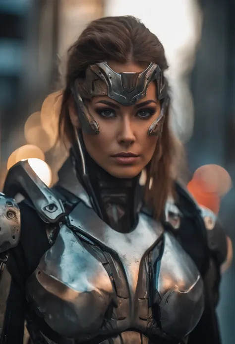 Medium shot photo of sexy female cyborg in scarred and discolored futuristic armor in destroyed futuristic city, Fantasy, 科幻小说, beautiful woman face, Seductive, sexual, myst, vivid seductive eyes, Dramatic, masterpiece of best quality, Photorealistic, Deta...