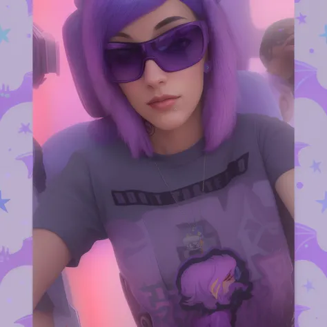 arafed woman in a car wearing a grey shirt and sunglasses, alex yanes and lisa frank, style alex gray, dressed in crustpunk clothing, wearing purple undershirt, dark blue hair and cybernetics, profile picture 1024px, she has rainbow hair, taken in the earl...