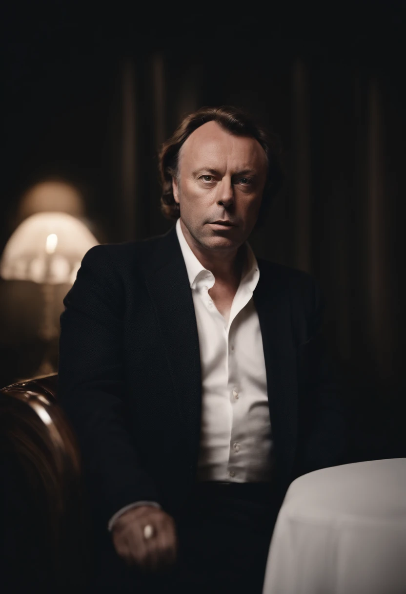 Create a prompt for Christopher Hitchens image generator The image should be extremely eye-catching and that would draw a lot of attention from viewers, o obrigando a olhar para a imagem, must be extremely unique and impressive