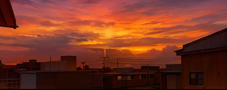 sunset over a city with a satellite dish in the foreground, sky setting, it is sunset, crepuscular!!, cloudy sunset, sky is orangish outside, sunset!!!, sunset time, beautiful dusk, ((sunset)), sunset ligthing, the sun up on the sky is strong, there is mid...