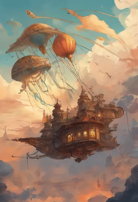 Chinese ink style，Steampunk world，Girl piloting steampunk flying machine，Suspended in the city air，Thick clouds，Ink animation art，Ink comic art，water ink，ink，Smudge，8K，Delicately portrayed，Works of masters，