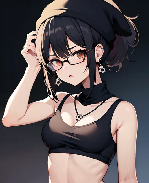 teenage, anime girl, glasses, black hair,bangs, underwears, black bra, short hair, skull earrings, black skull beanie, open clothes, ponytail, medium layer hair, large breasts, high quality, armpits, looking at viewer, black background, heart necklace, lon...