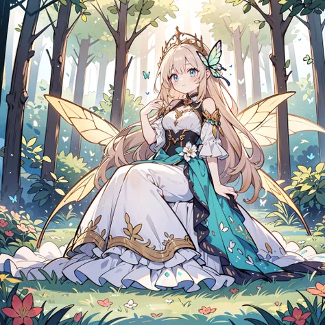 The Fairy of Light appeared in the spring in the night forest. She is a beautiful, Pale, Bright female figure with stained glass butterfly wings on her back. She wears elaborate and delicate ornaments. Fantastic forest fountain with wildflowers. Detailed d...