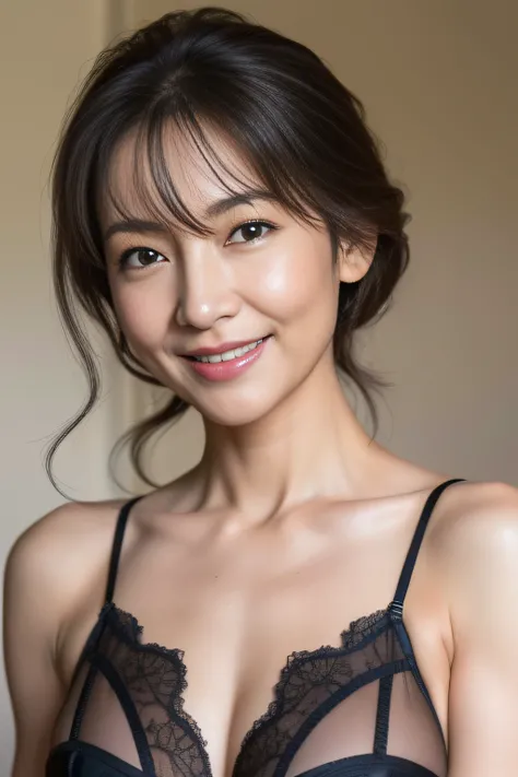 gravure, from the chest up, masutepiece, Best Quality, Ultra-detailed, Photorealistic, super detailed skin, Perfect Anatomy, (1 japanese mature woman), (Solo), sixty years old, (Wrinkles at the corners of the eyes:1.3), Large breasts, A MILF, glamor, A sex...