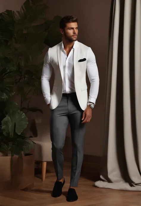 arafed man in a white shirt and black pants standing in a room, roupas sob medida, grey pants and black dress shoes, apelo masculino alta moda, vestido formal, Homem magro com pele branca, cabelos escuros, Macho bonito, male proportions, bonito e elegante,...