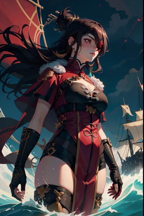 1 mature female solo, long brown hair, red eye, golden hair accessories, ((red eyepatch)), red cape, white fur collar, black and red outfit, black fingerless gloves, long black stockings, dynamic pose, cinematic shot, cinematic light, big pirate ship, sea,...