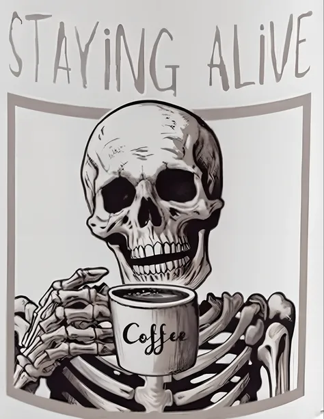 arafed skeleton holding a cup of coffee with a saying saying staying alive, zombie not enjoying coffee, zombie holding coffee cup, zombie drinking coffee logo, zombie coffee logo, drinking coffee, zombie chasing coffee, alive, drinking a coffee, morning co...