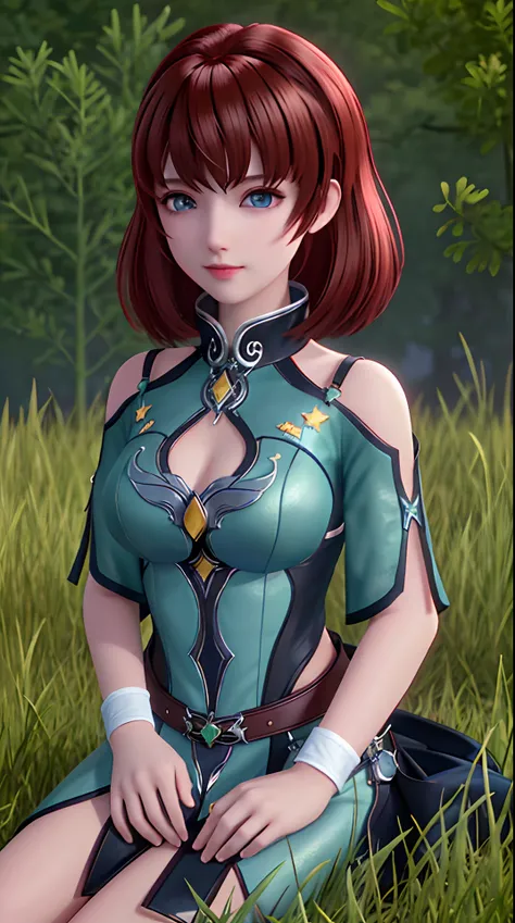 Ultra HD, 8K quality, A girl, full bodyesbian，brown  hair，blue color eyes， Green blurred dress, Detailed eyes, Frontal capture,cowboy lens， Unreal Engine 5,Sit on grass