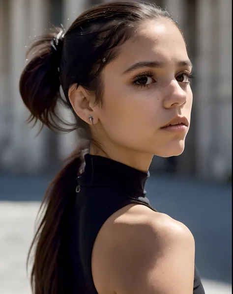 closeup portrait of jortega looking at viewer, trying her hair into pony tail, wearing black top, showing armpits, (masterpiece, extremely detailed skin, photorealistic, heavy shadow, dramatic and cinematic lighting, key light, fill light)