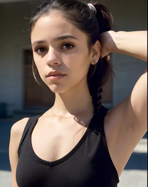 closeup portrait of jortega looking at viewer, trying her hair into pony tail, wearing black top, showing armpits, (masterpiece,...