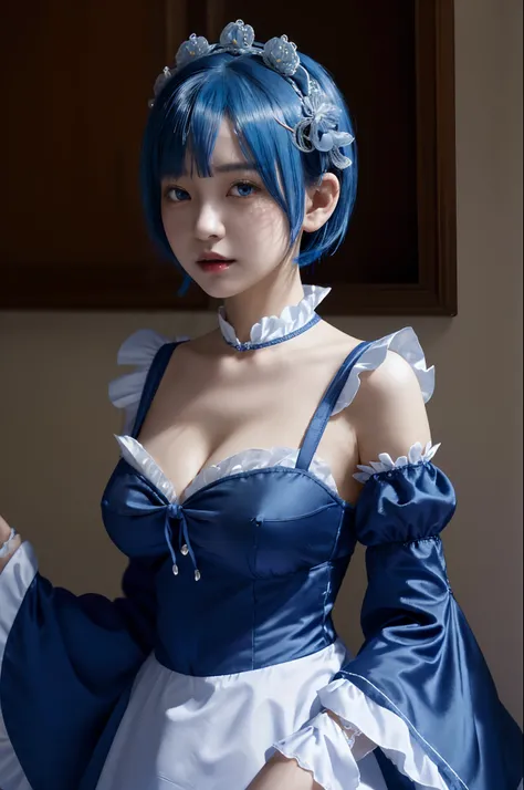 highres, sharp focus, pixiv masterpiece, ((intricate details)), highly detailed, upper body, 1girl, rem_re_zero, blue hair, short hair, maid uniform, hair ornament,  cleavage, maid headdress, detached sleeves, ribbon,,