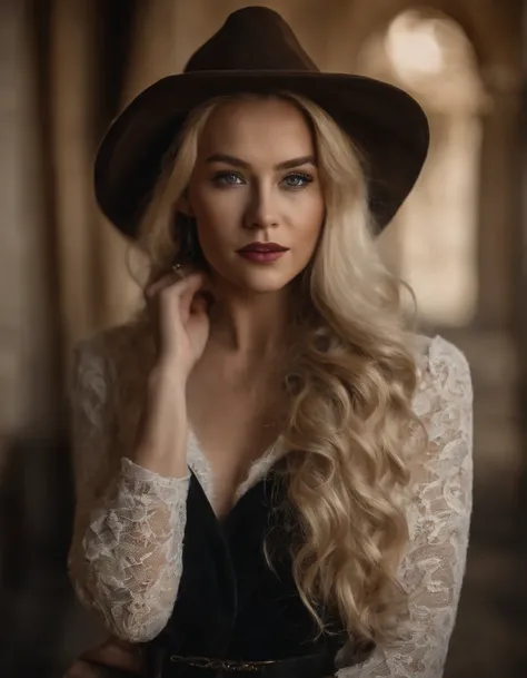 blonde photo model with very long hair, bőrnadrágban, with high heeled boots