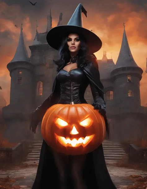 superheroine alias black witch halloween photo with pumpkin haunted castle orange black shades in MARVEL movie style photorealistic cinematic