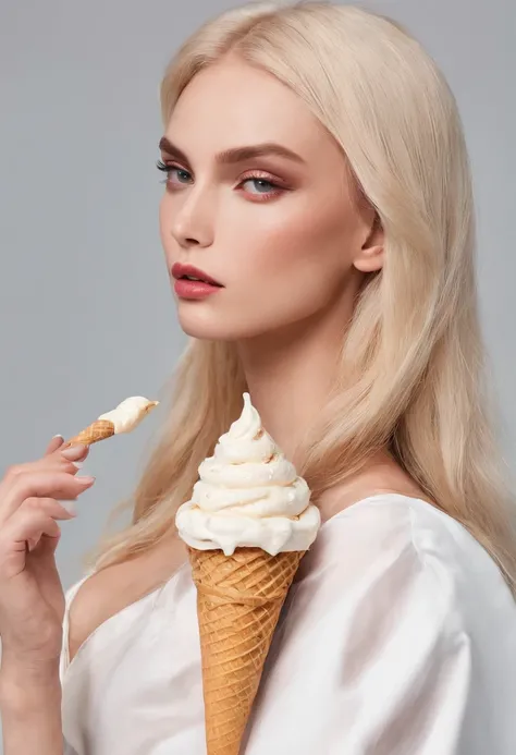 A supermodel who loves ice cream，Fashionab， Russian girl，Storyboard，Masterpiece, ultraclear, extreme hight detail, blonde long hair