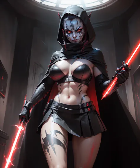 (ultrarealistic photo, masterpiece:1.2), Gorgeous female darth maul, scarred, lightning hands, force lightning, full body, (curvy build, large boobs, (black sith face paint markings)), (action pose), (star wars theme setting, starship interior), ((red and ...