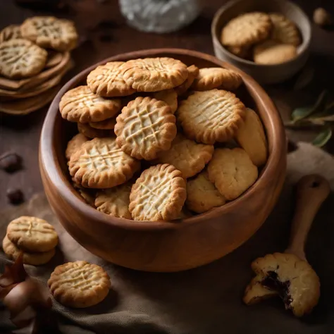 A wooden bowl filled with delicious cookies on the table, Still life by Jean-Pierre Noblin de la Gourdan, En vedette sur CG Society, Photographie artistique, Photo prise avec Ektachrome, Photo prise avec le Nikon D750, Macro photographie