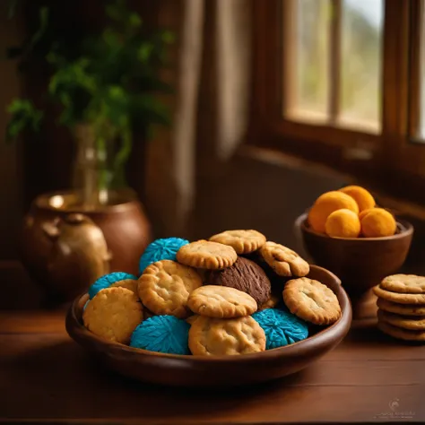 A wooden bowl filled with delicious cookies on the table, Still life by Jean-Pierre Noblin de la Gourdan, En vedette sur CG Society, Photographie artistique, Photo prise avec Ektachrome, Photo prise avec le Nikon D750, Macro photographie