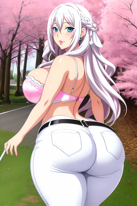 Rossweisse, 1girl, (((bimbo))), white long hair, blue eyes, ear rings, (((bimbo))), puffy lips, painted lips, thick lips, smile face, wide hips, thick thighs, huge round ass, huge natural Hitomi Tanaka breasts, white jeans, bra, walking, looking back,