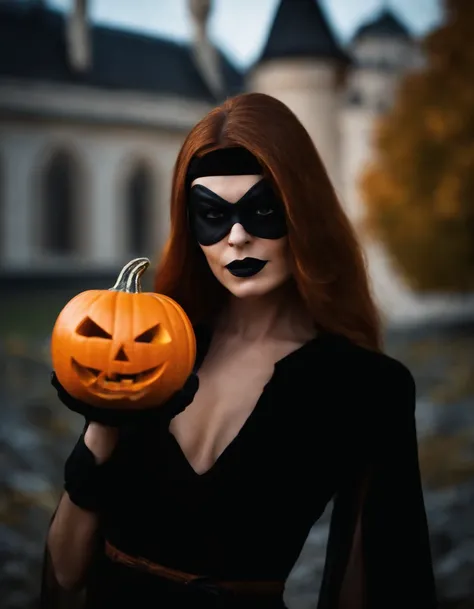 superheroine alias black witch halloween photo with pumpkin haunted castle orange black shades in MARVEL movie style photorealistic cinematic