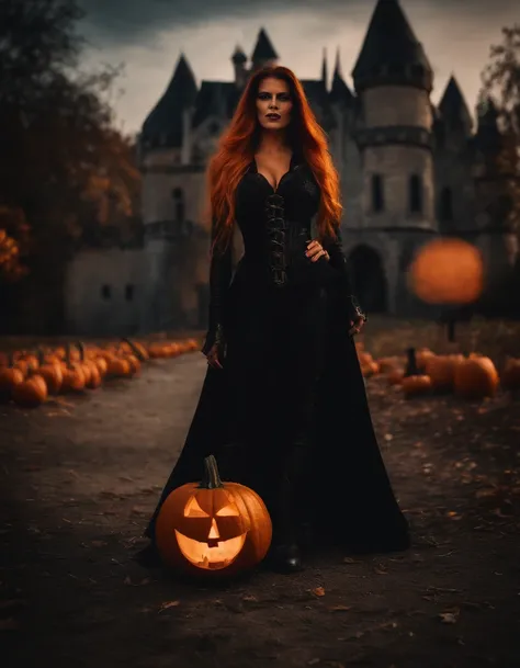 superheroine alias black witch halloween photo with pumpkin haunted castle orange black shades in MARVEL movie style photorealistic cinematic