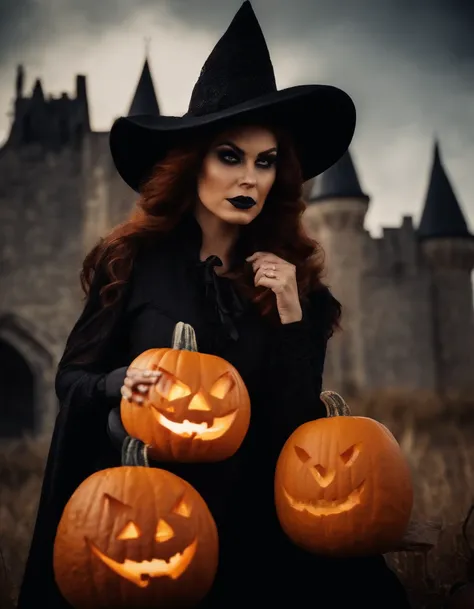 superheroine alias black witch halloween photo with pumpkin haunted castle orange black shades in MARVEL movie style photorealistic cinematic