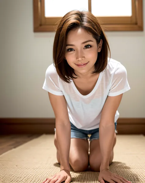 Woman on all fours、wholesome、A smile、White T-shirt、Denim Fabric Shorts、a gorgeous（short-hair、Forehead 1:2)