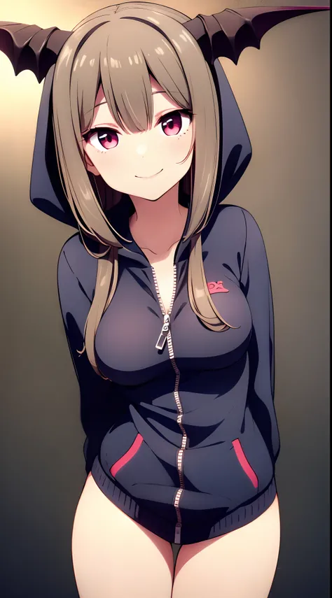 succubus, best quality, detailed face, 1girl, devils horn, middle breast, smile, (zip up hoodie 1.2), good anatomy, soft focus, cinematic lighting, depth of field, bare legs