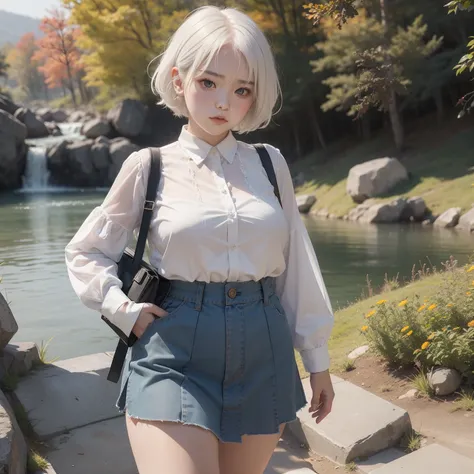 Very short hairstyle、Little fat girl、13years、white  hair、short-haired、Transparent cotton shirt、A little angry face、sulky face、Autumn landscape、Hair illuminated by the sun、Little fat woman、skirt by the、white  hair、shorth hair、Troubled face、hightquality、a mi...