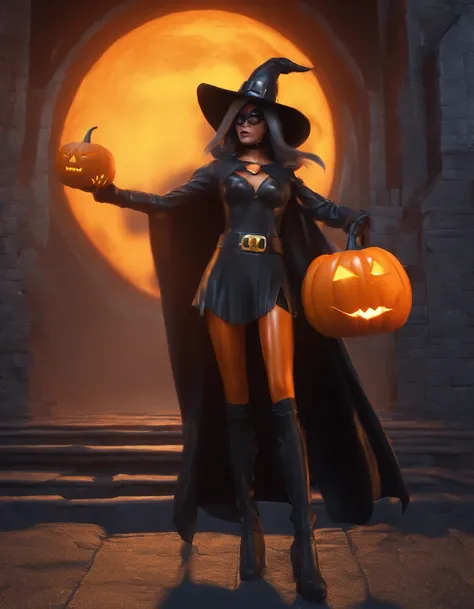 superheroine alias black witch halloween photo with pumpkin haunted castle orange black shades in MARVEL movie style photorealistic cinematic