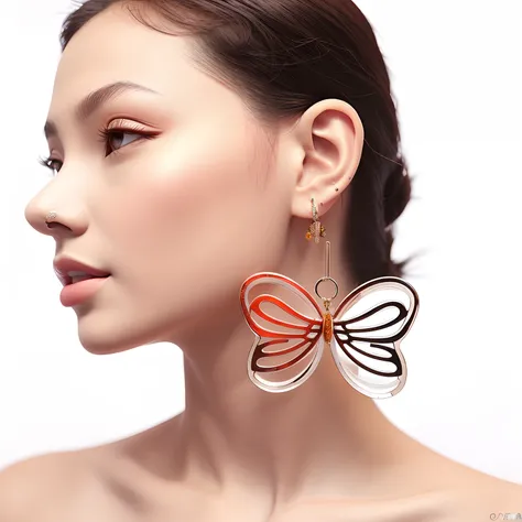 Chinese woman，Butterfly earrings on his ears，white backgrounid, Acrylic earrings, big earrings, giant earrings, butterfly jewelry, big earrings, huge earrings and queer make up, earring, Earrings, multiple earrings, with 3 d render, with 3d render, 耳Nipple...