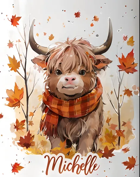 there is a picture of a cow with a scarf on, 🍁 cute, 🍂 cute, beautiful autumn spirit, 🤬 🤮 💕 🎀, by Hamish MacDonald, autumn season, in fall, by Elaine Hamilton, seasons!! : 🌸 ☀ 🍂 ❄, inspired by Hamish MacDonald, girl design lush horns, cow, fall season