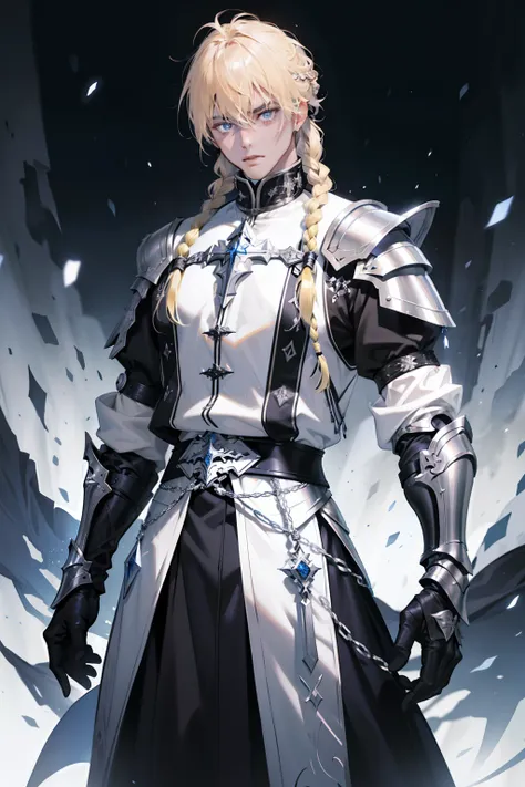 male knight，blond hairbl，Single braided hairstyle，By bangs，hair between eye，holy paladin，Black and white clothing，Capable and elegant，Religious dress，Wears silver armor，goth style。Western fantasy style，Concise background。Concise background，Masterpiece， mis...