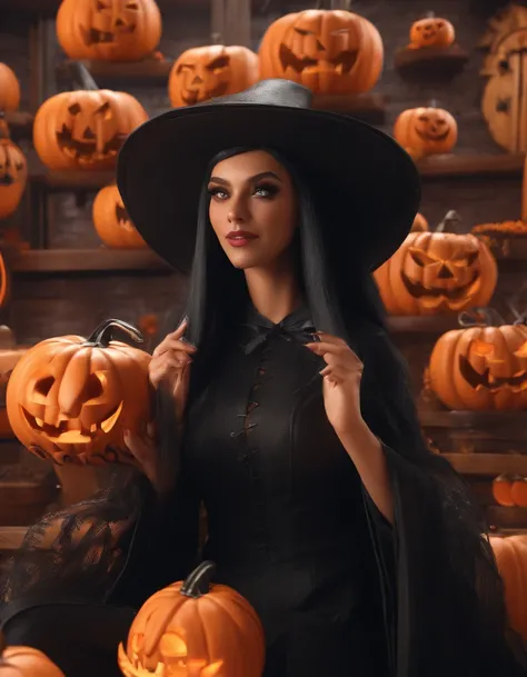 black witch halloween photo with pumpkin haunted castle orange black shades in MARVEL movie style photorealistic cinematic