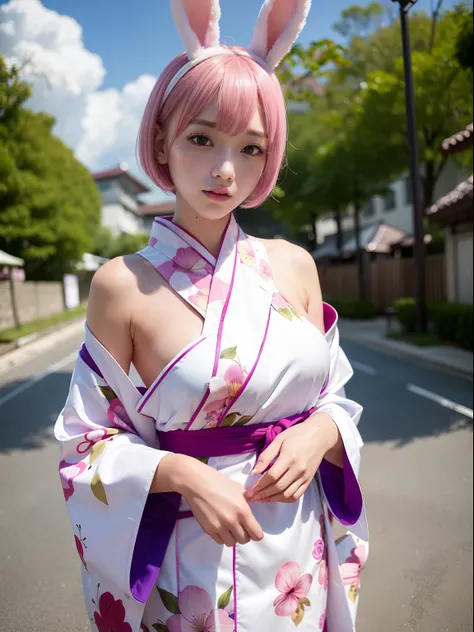 Beautiful woman wearing patterned yukata、Have eggplant、Realistic rabbit ears、rabbit ears pink hair sticking out of the head,,,,,、Bewitching atmosphere、Beautiful shaped hands、K-POP、Pink rabbit ears、1 girl in、独奏、​masterpiece、top-quality、realisitic、Hyper-deta...