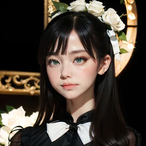 ((masutepiece, Best Quality)),Best aesthetic,1girl in, Solo, Long hair, Black Dress, flower, bow ribbon, Black background, Black hair, Rose, Hair Ribbon, Green eyes, Long sleeves, White Rose, Closed mouth, a black ribbon, Upper body, Cinematic lighting