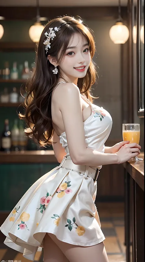 ((full body)), ((from side)), ((realistic)), 1 Korean female model, A young girl, (in a pub, Stand up, standing on your feet, Cross ed leg, Leaning against the bar), Pleasing posture, Eye-catching poses, Nice long legs, Detailed scenes, curlies, Air bangs,...