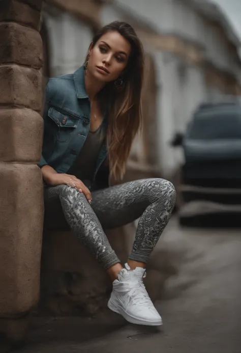 A confident model in textured leggings, poised on a graffiti-covered urban street, medium: photo hyper-realism, style: edgy street fashion meets contemporary art, lighting: dramatic contrast with a mix of artificial and natural light, colors: bold and grit...