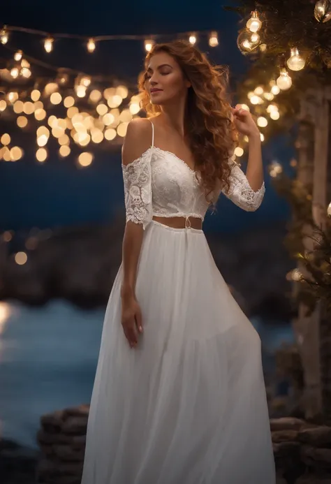 (masutepiece, Best quality, High quality, A high resolution:1.4), Extremely detailed, ambient soft lighting, 4K ultra HD ,In Greece，The night view was beautiful, A beautiful girl with light brown wavy curly hair in a long white dress is transforming，At the...